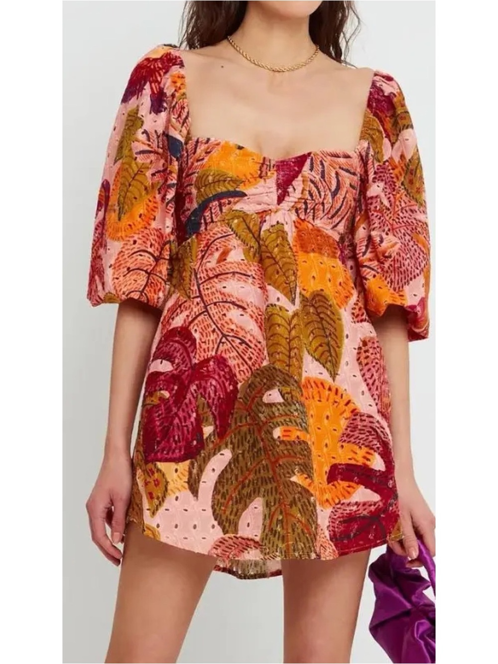 Anthropologie Kourt Robbie Tropical Botanical Puff Sleeve Mini Dress Medium
